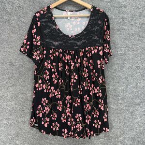 Bishuige Blouse Women 2XL Black Floral Short Sleeve Round Neck Rayon Casual